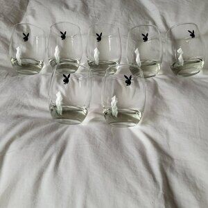 Vtg Set of 7 PLAYBOY BUNNY Logo Whiskey Glasses LOWBALL 3 1/2" Bar Drinking Set